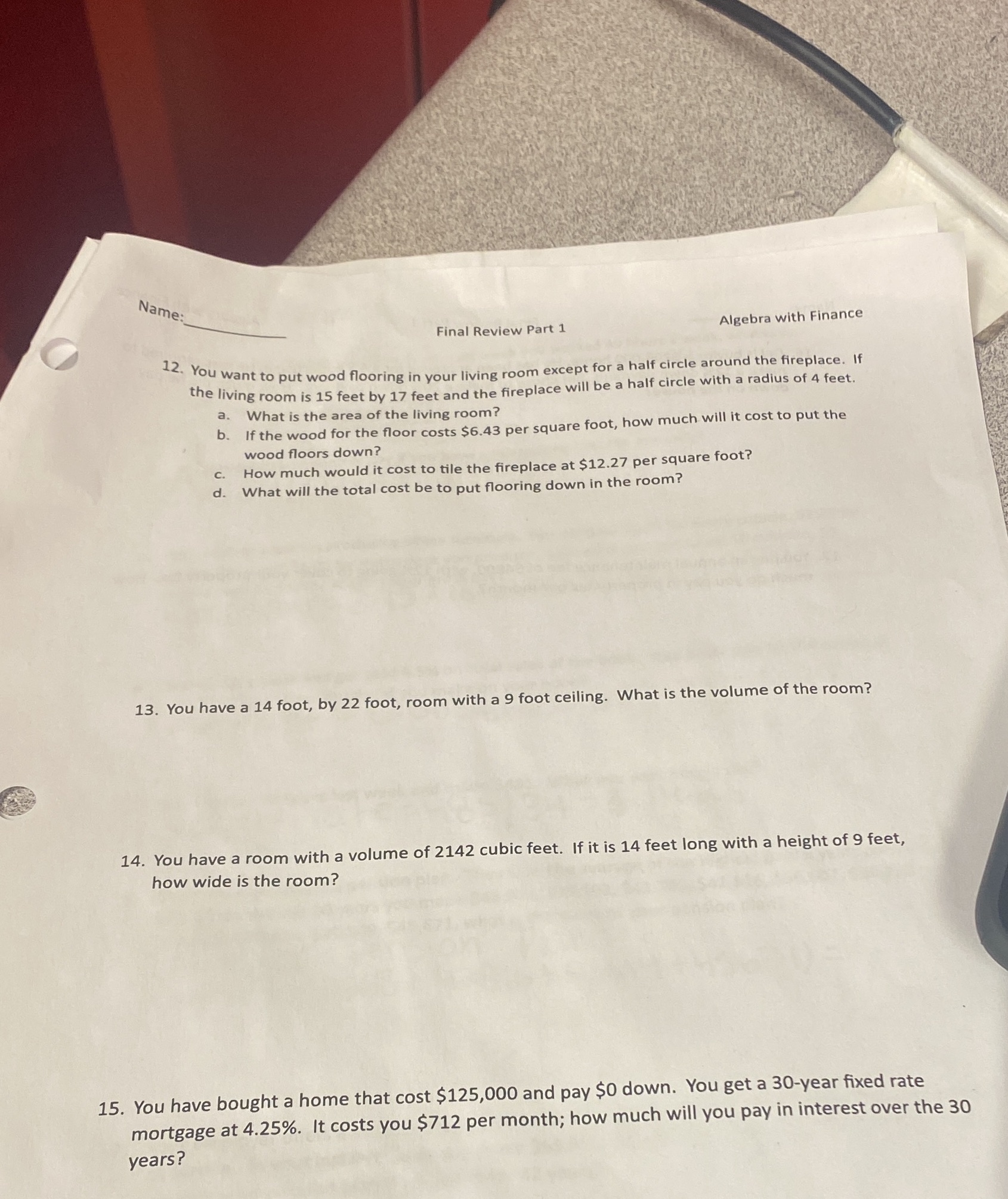 Name: Final Review Part 1 Algebra with Finance