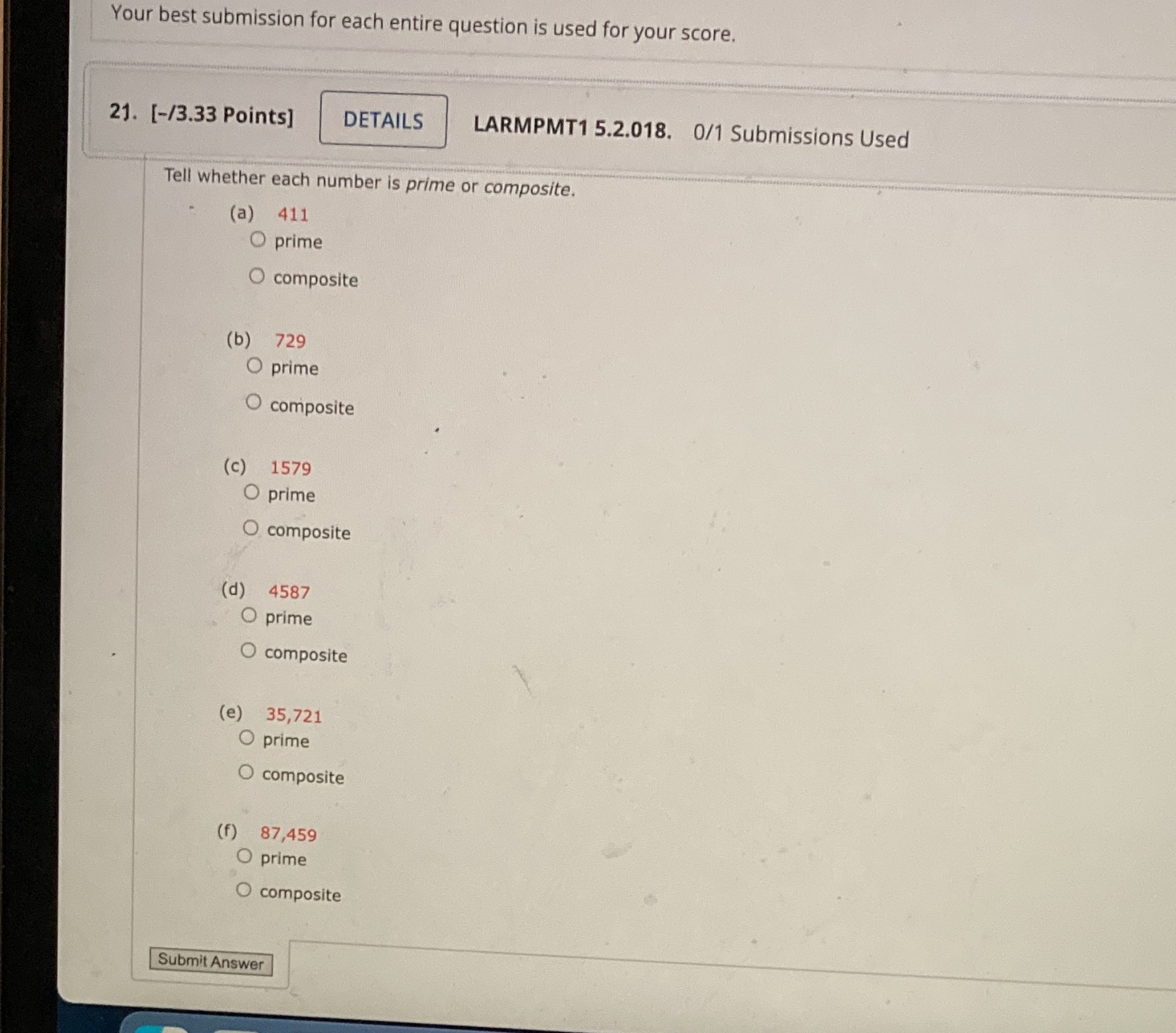 Your best submission for each entire question is