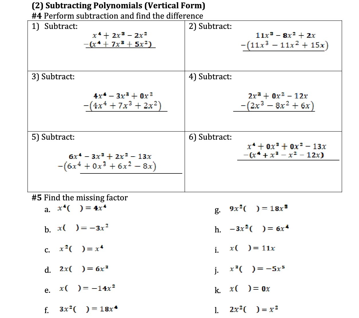 (2) Subtracting Polynomials (Vertical Form) #4