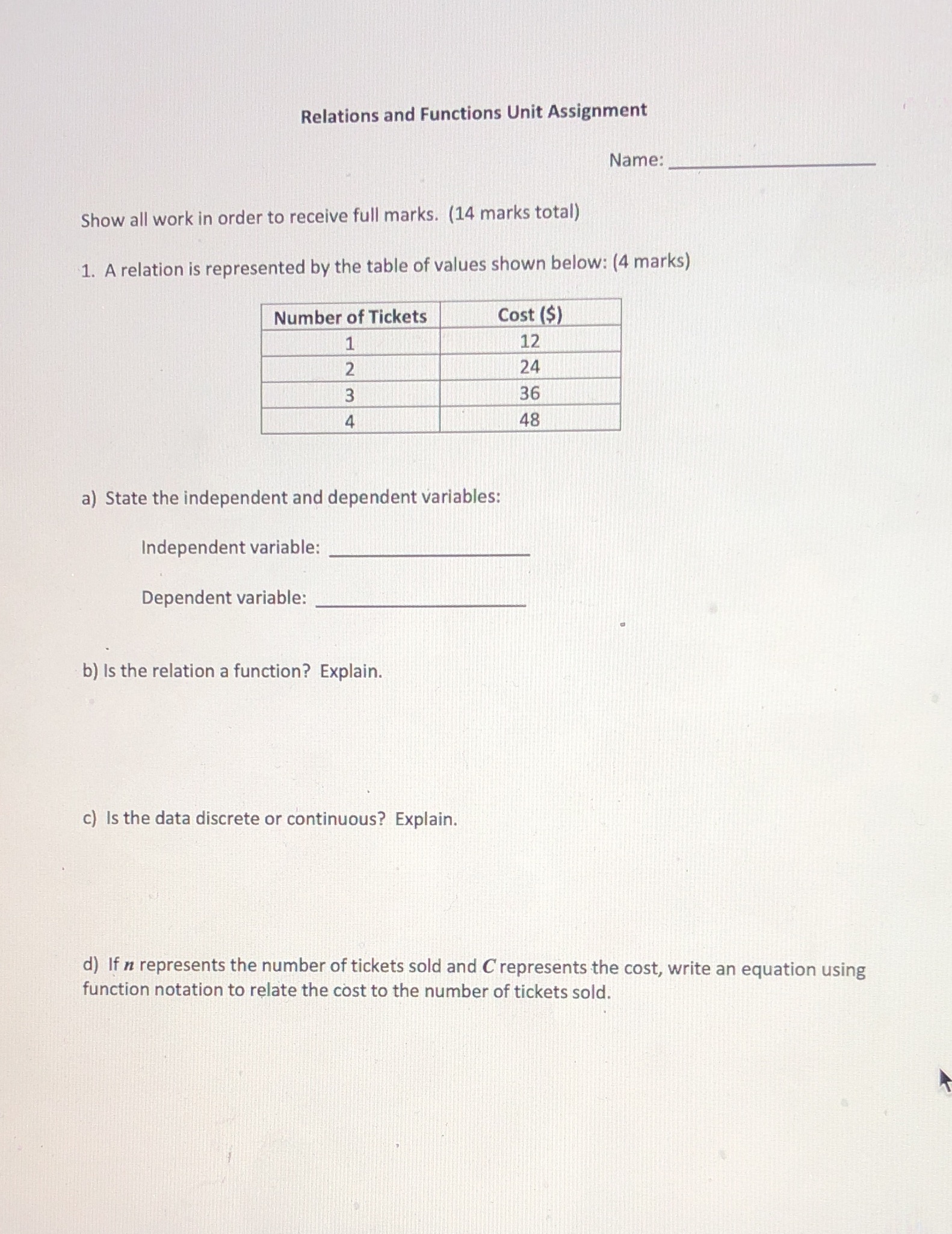 Relations and Functions Unit Assignment Name: