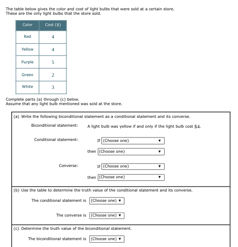 The table below gives the color and cost of light
