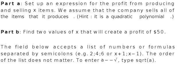 Part a: Set up an expression for the profit from