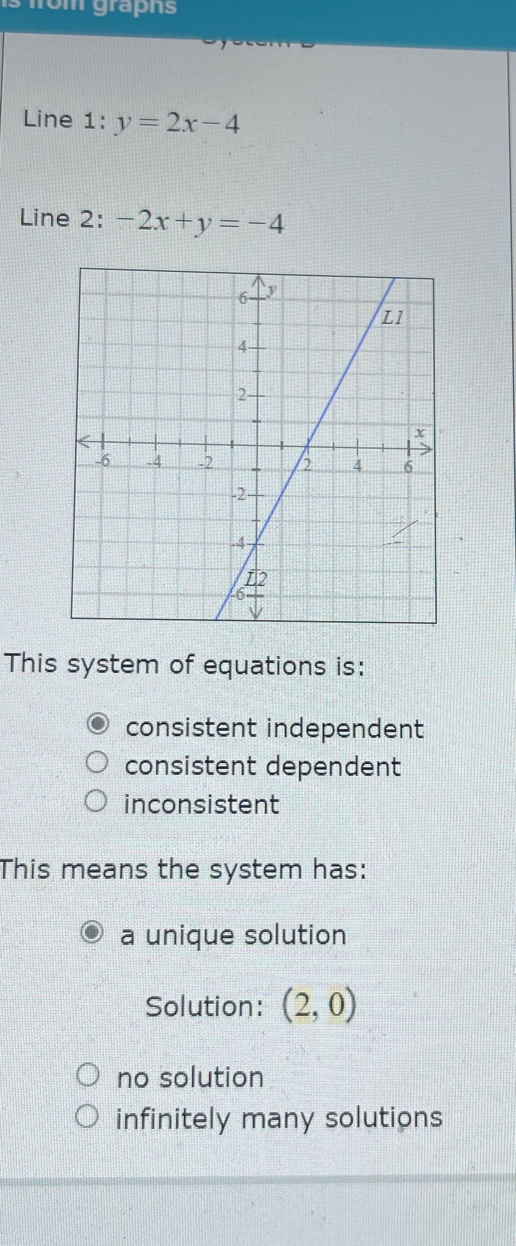 ifom graphs Line 1: y = 2x - 4 Line 2: -2x+y =-4