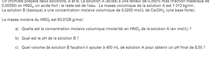 Un chimiste prepare deux solutions, A et B. La