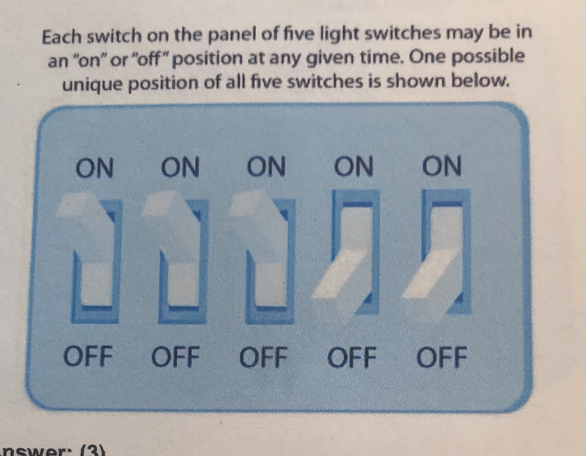 Each switch on the panel of five light switches