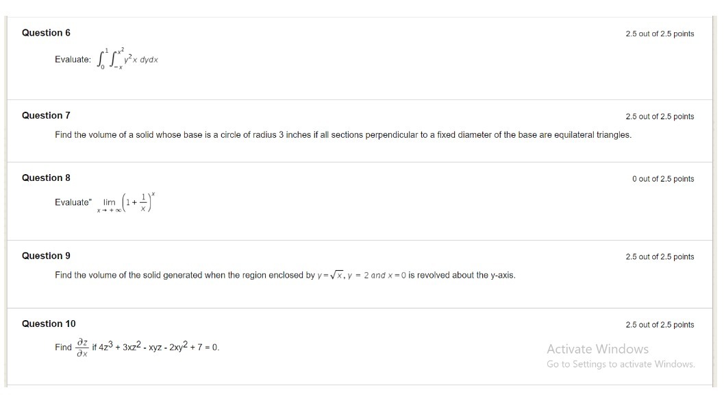 Question 6 2.5 out of 2.5 points Evaluate: IS v x