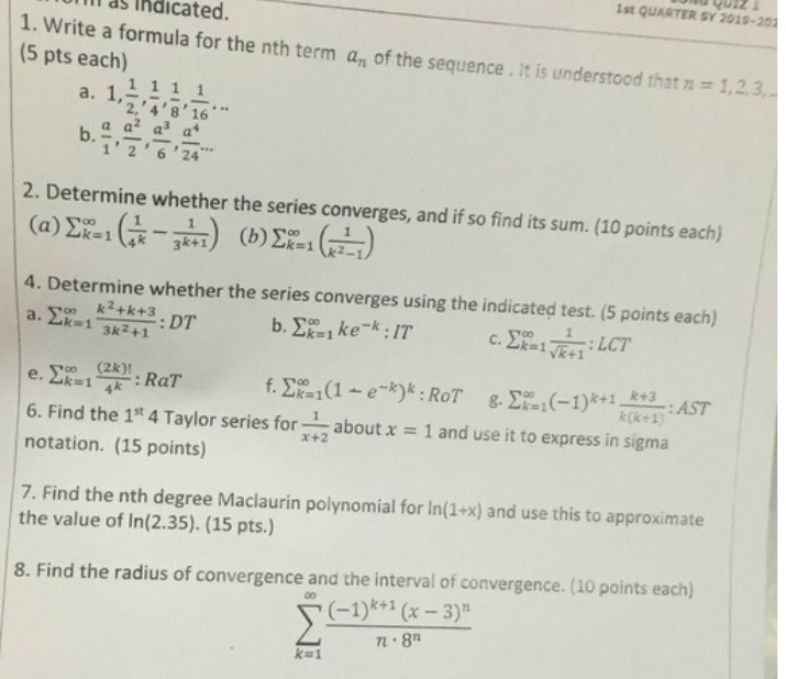 Ist QUARTER SY 2019-202 d) Indicated. (5 pts