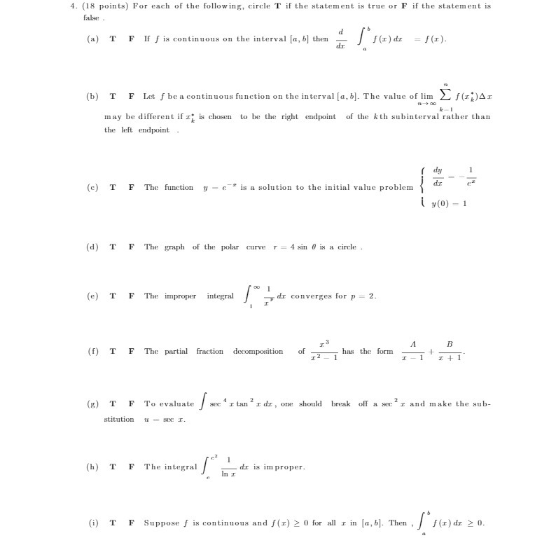 4. (18 points) For each of the following, circle