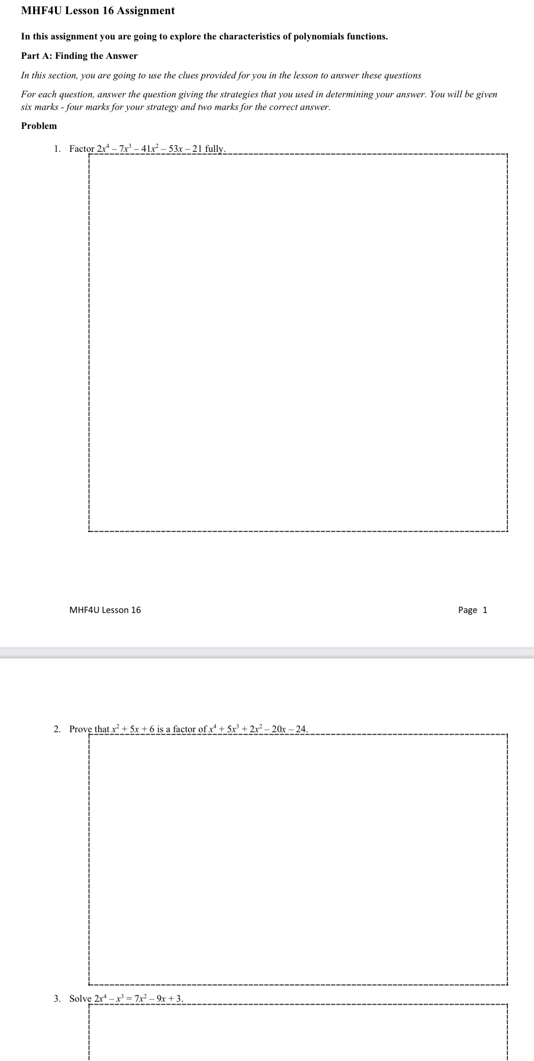 MHF4U Lesson 16 Assignment In this assignment you