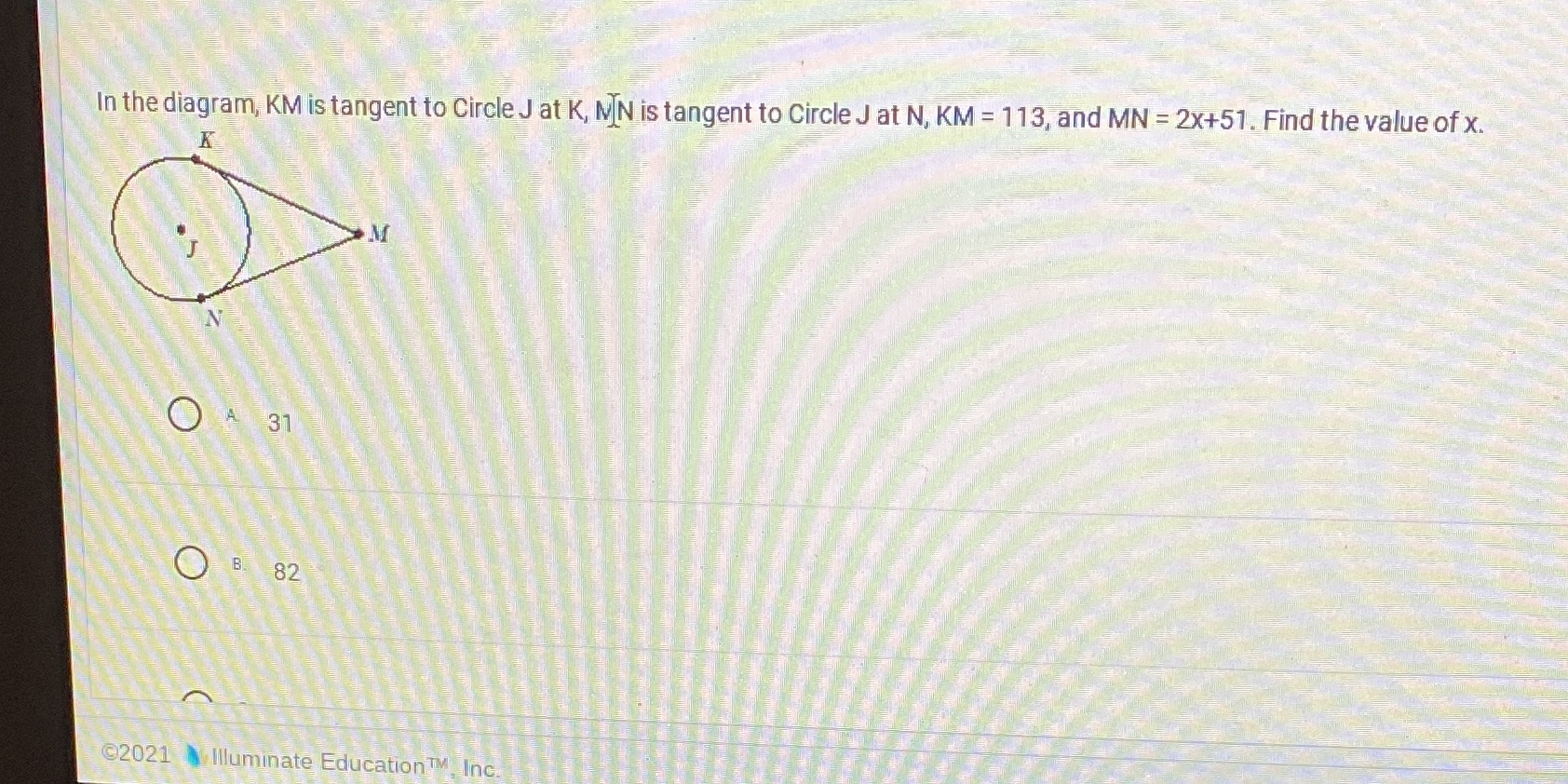 K In the diagram, KM is tangent to Circle J at K,