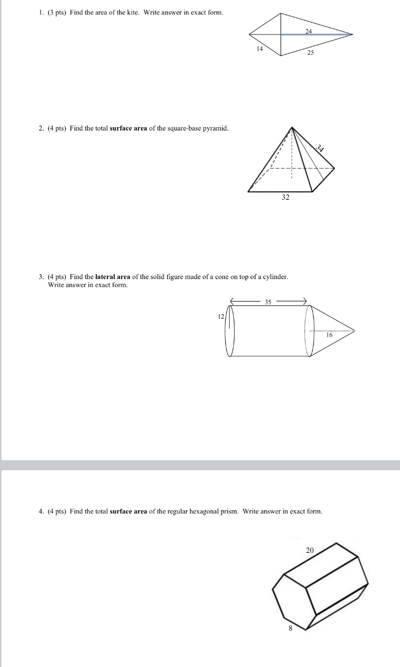 Show answer and work. 1. (3 pts) Find the area of