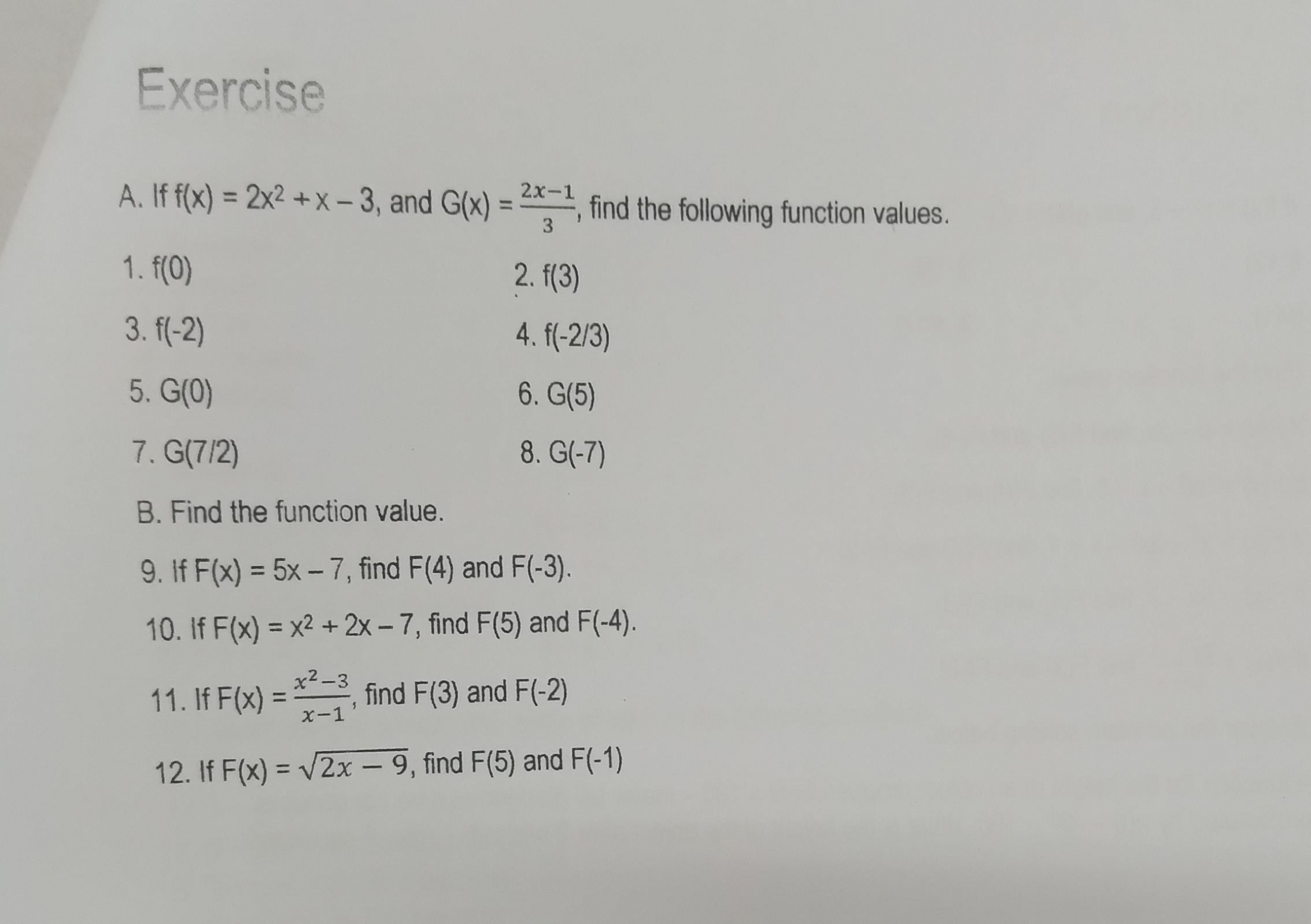 Exercise A. If f(x) = 2x2 + x-3, and G(x) = ,