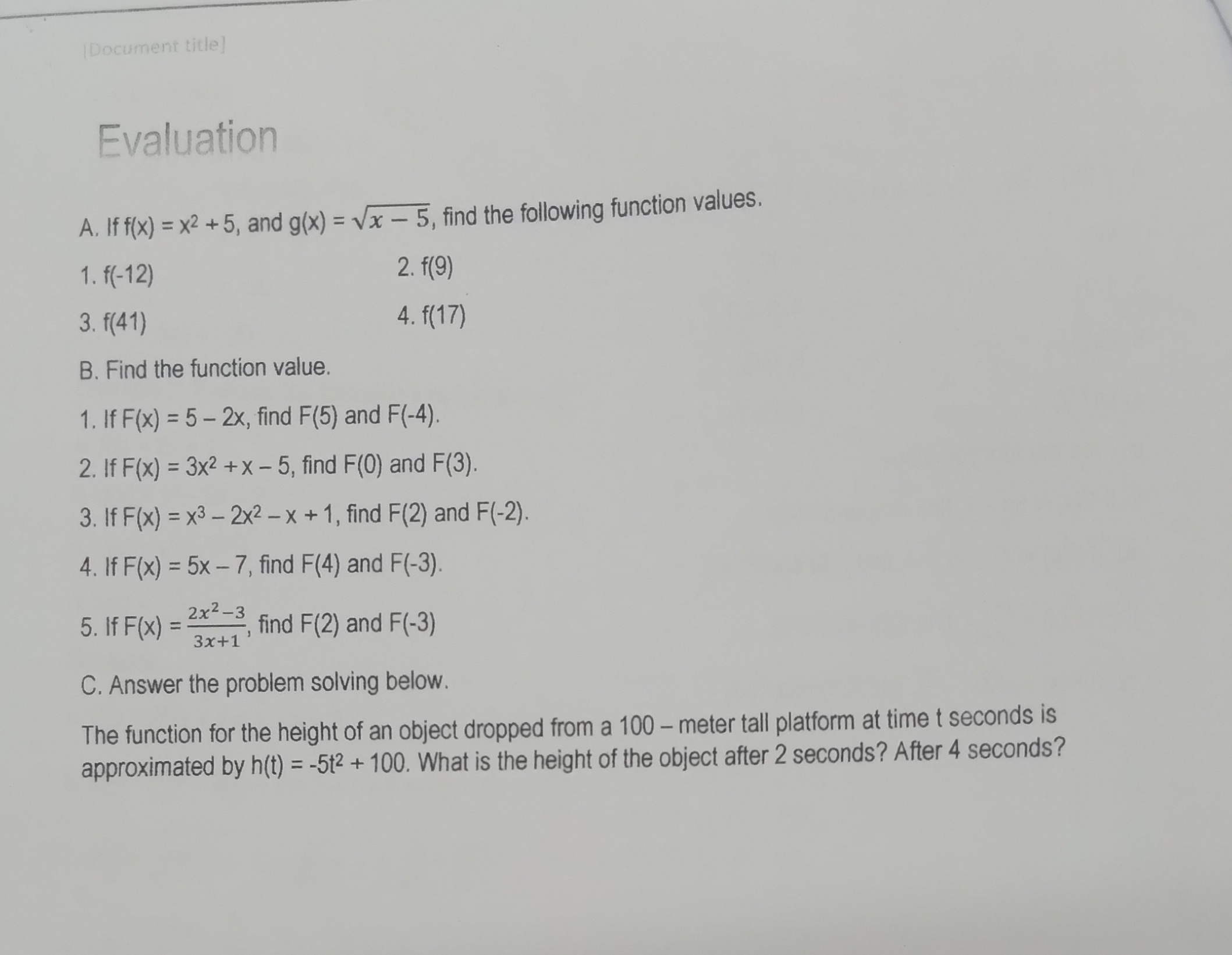Exercise A. If f(x) = 2x2 + x-3, and G(x) = ,