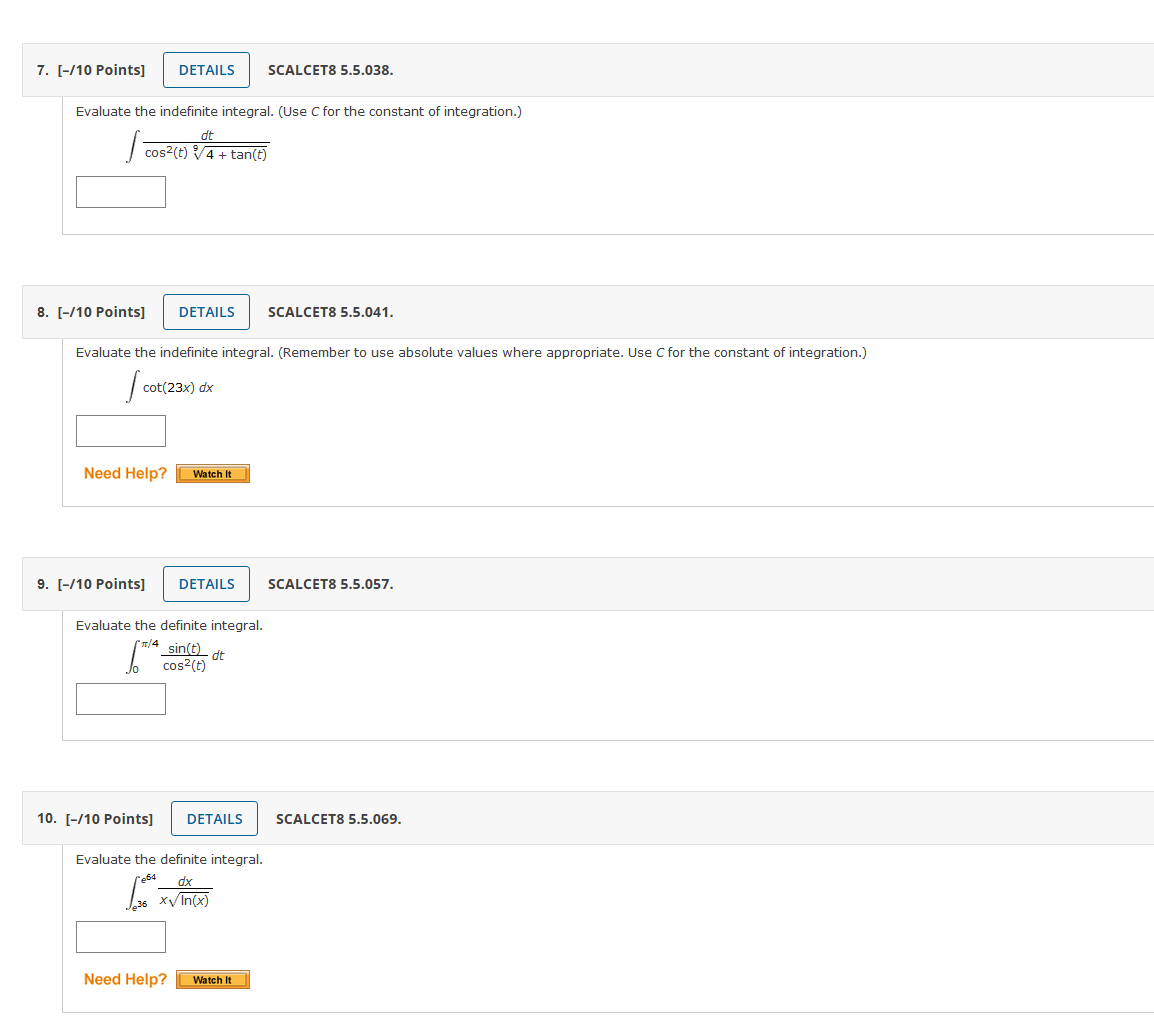 Questions 7, 8, 9, and 10 7. [-/10 Points]