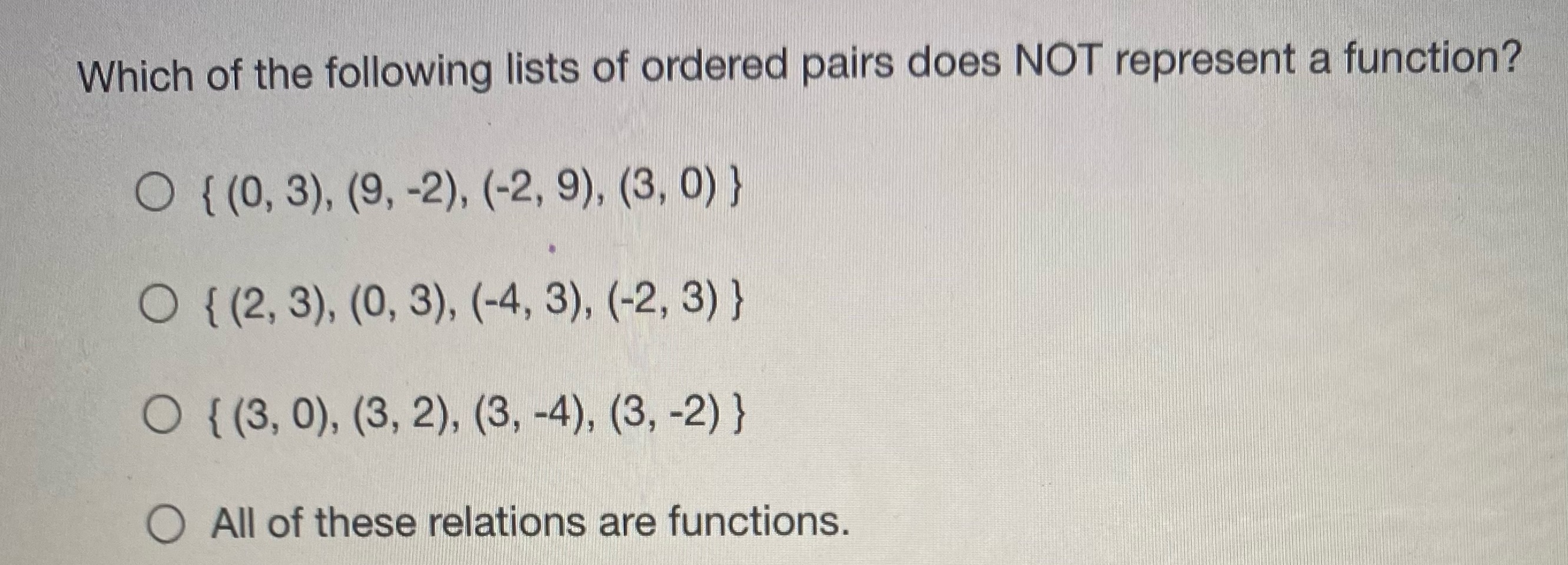 Which of the following lists of ordered pairs