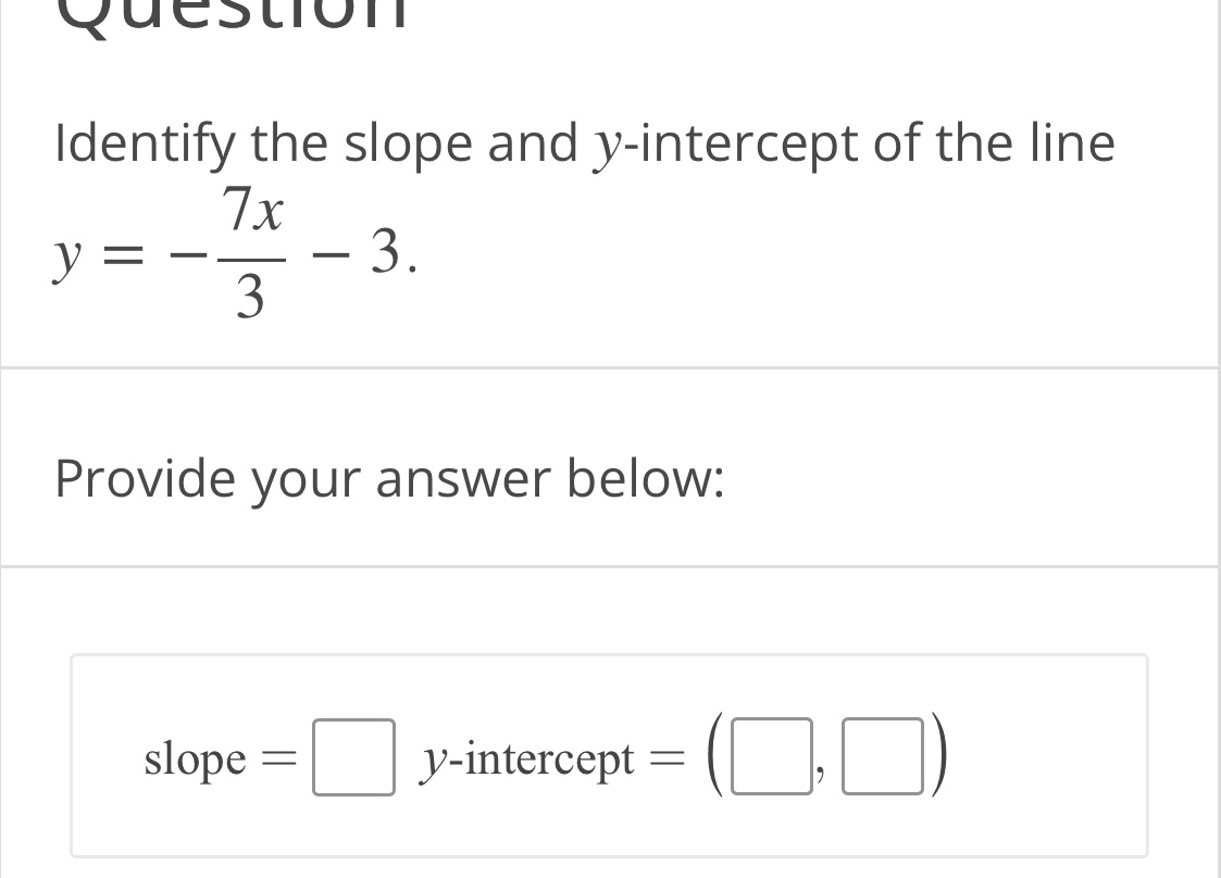 Question Identify the slope and y-intercept of