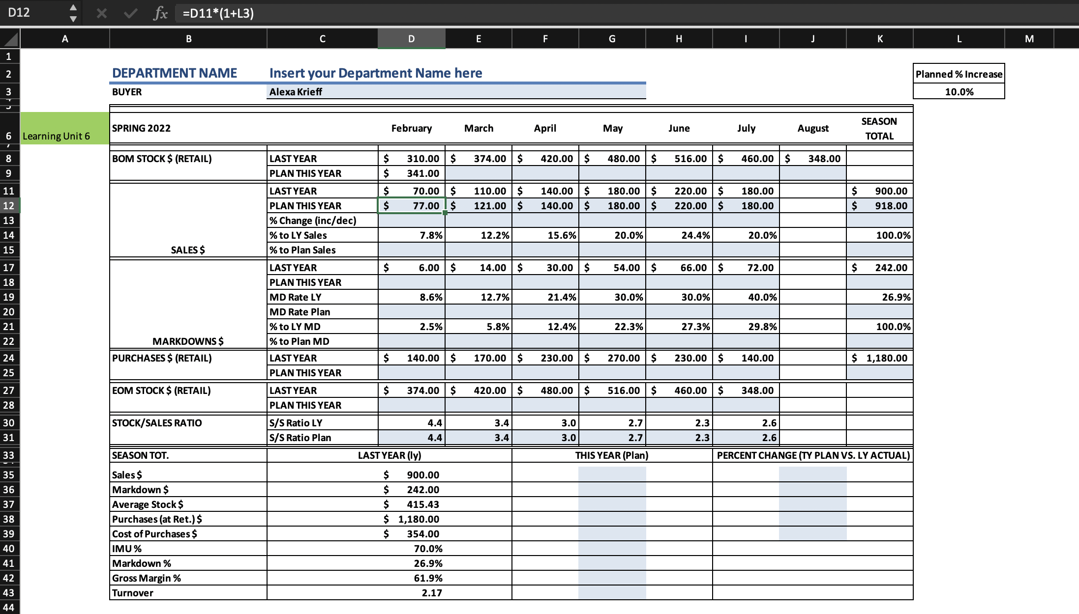 D12 X V fx =D11*(1+L3) A B C D E F G H M