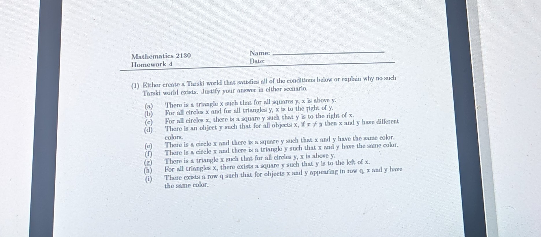 Mathematics 2130 Name: Homework 4 Date: (1)