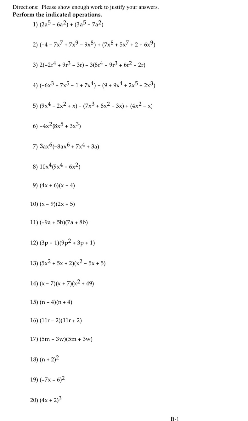 Please show work... Directions: Please show