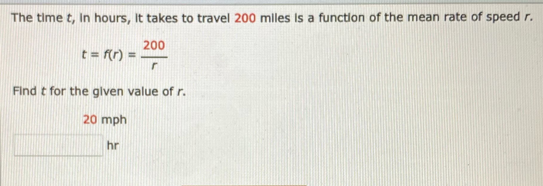 The time t, In hours, It takes to travel 200