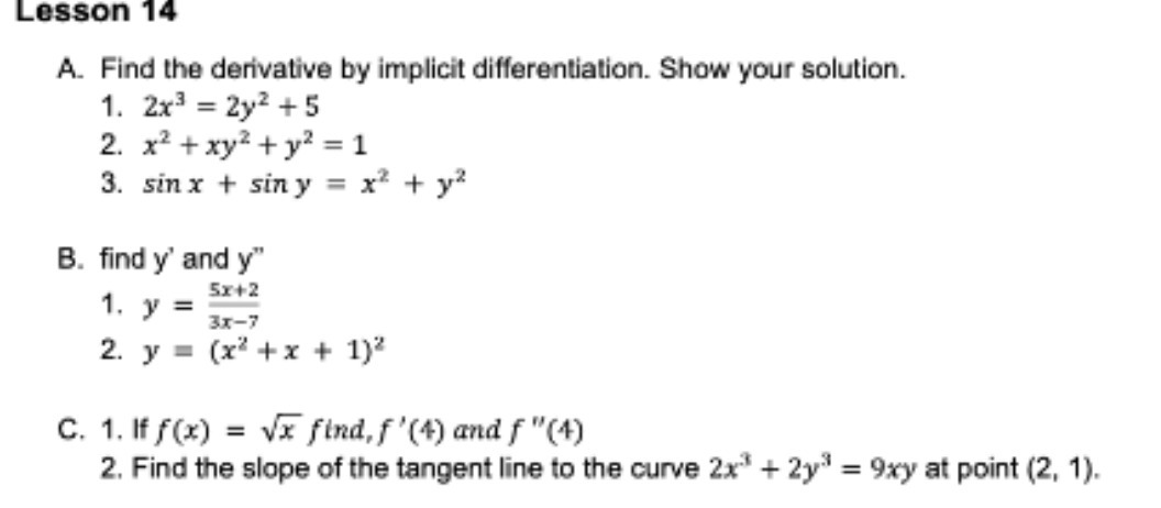 Lesson 14 A. Find the derivative by implicit
