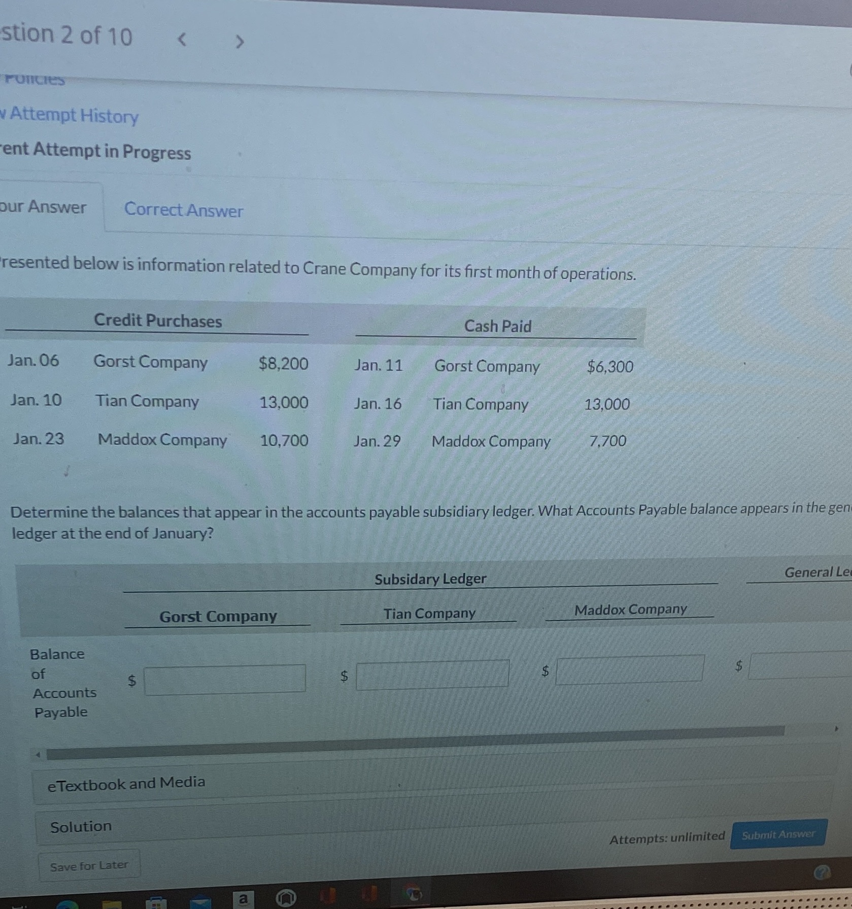 stion 2 of 10 < Puncles v Attempt History ent