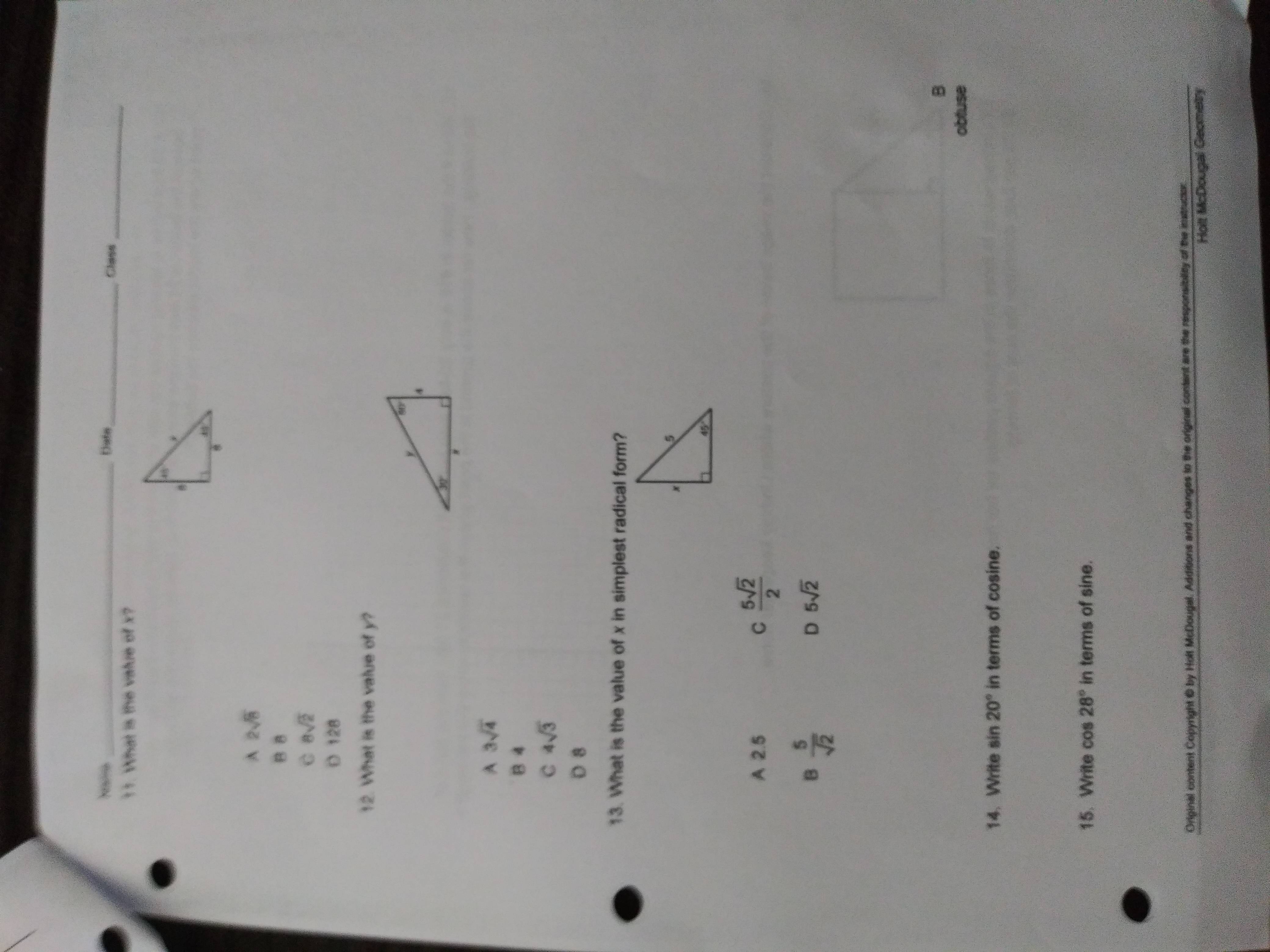 Geometry Unit 7 Review Right Triangles Circle the