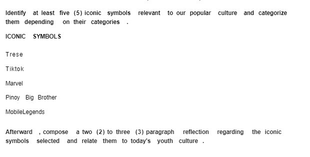 Identify at least five (5) iconic symbols