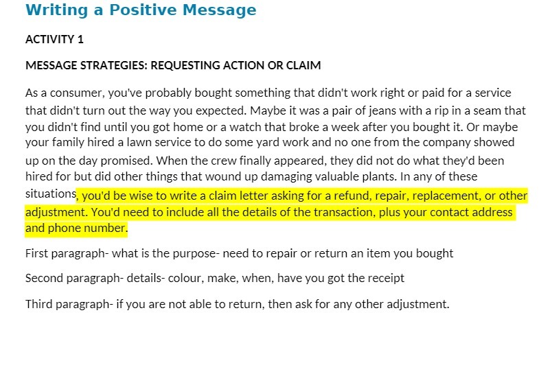 Writing a Positive Message ACTIVITY 1 MESSAGE