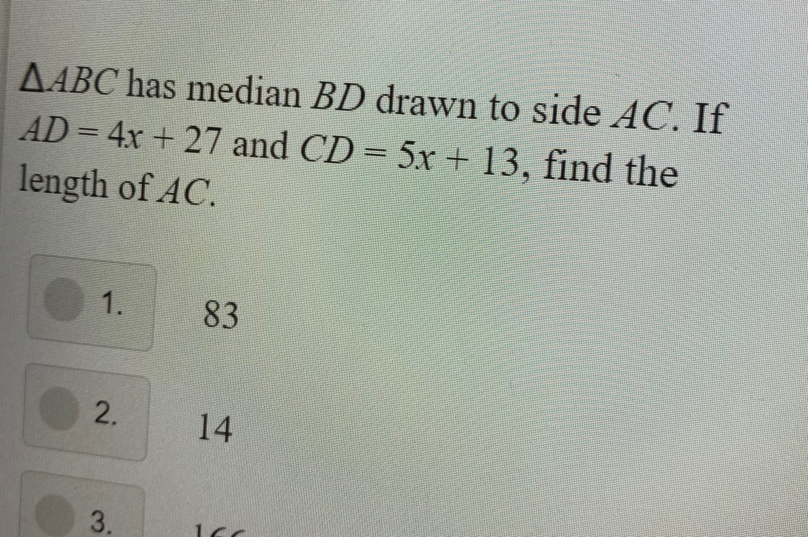 AABC has median BD drawn to side AC. If AD - 4x +