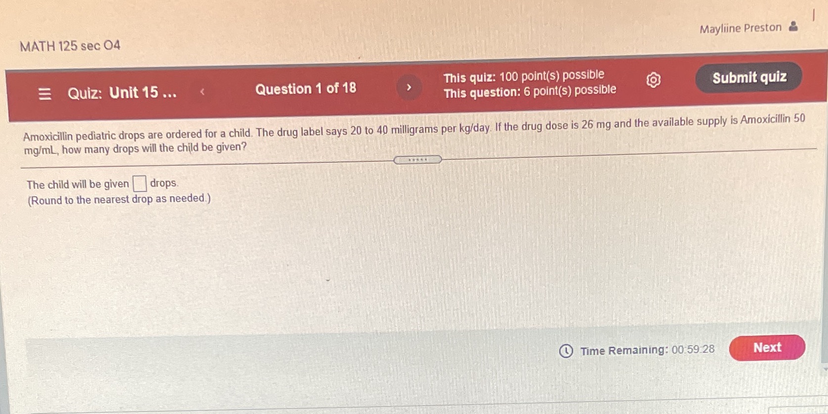 MATH 125 sec 04 Mayliine Preston = Quiz: Unit 15