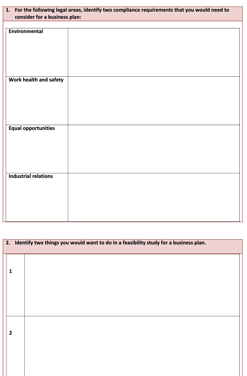 1. For the following legal areas, identify two