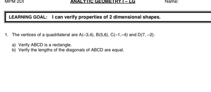 MPM 2DI ANALYTIC GEOMETRY I - LG Name: LEARNING