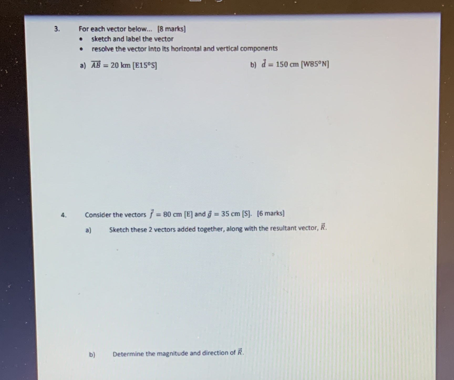 3. For each vector below... [8 marks] sketch and