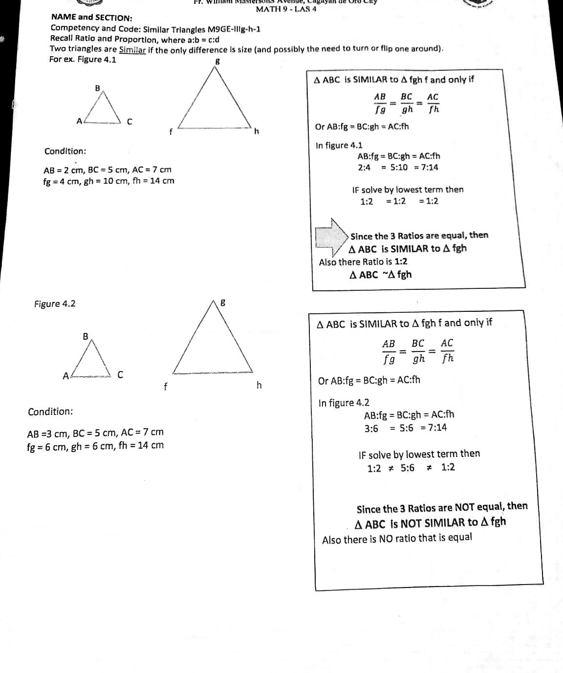 NAME and SECTION: MATH 9 - LAS 4 Competency and