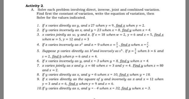 Activity 2. A. Solve each problem involving