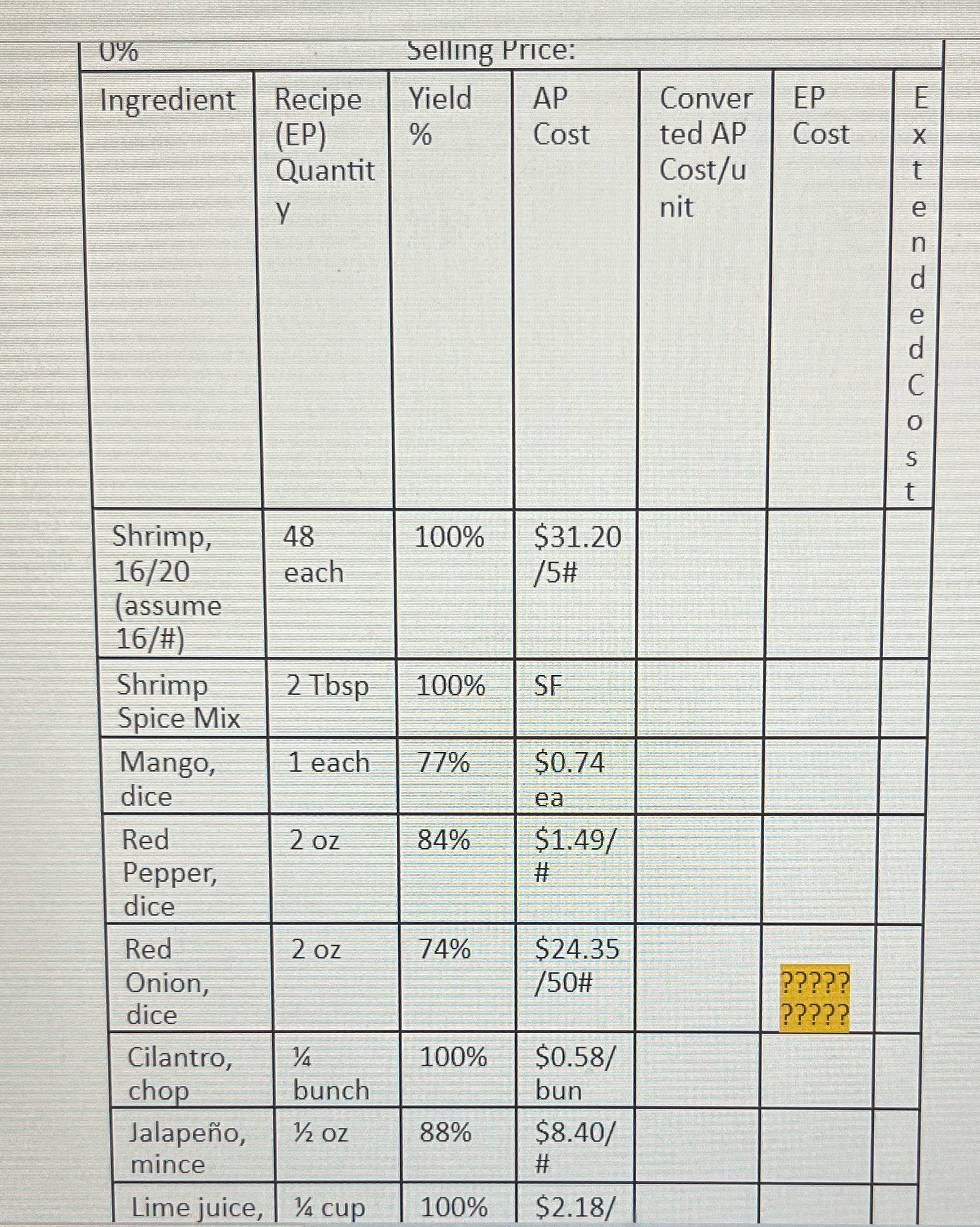 Selling Price: Ingredient Recipe Yield AP Conver