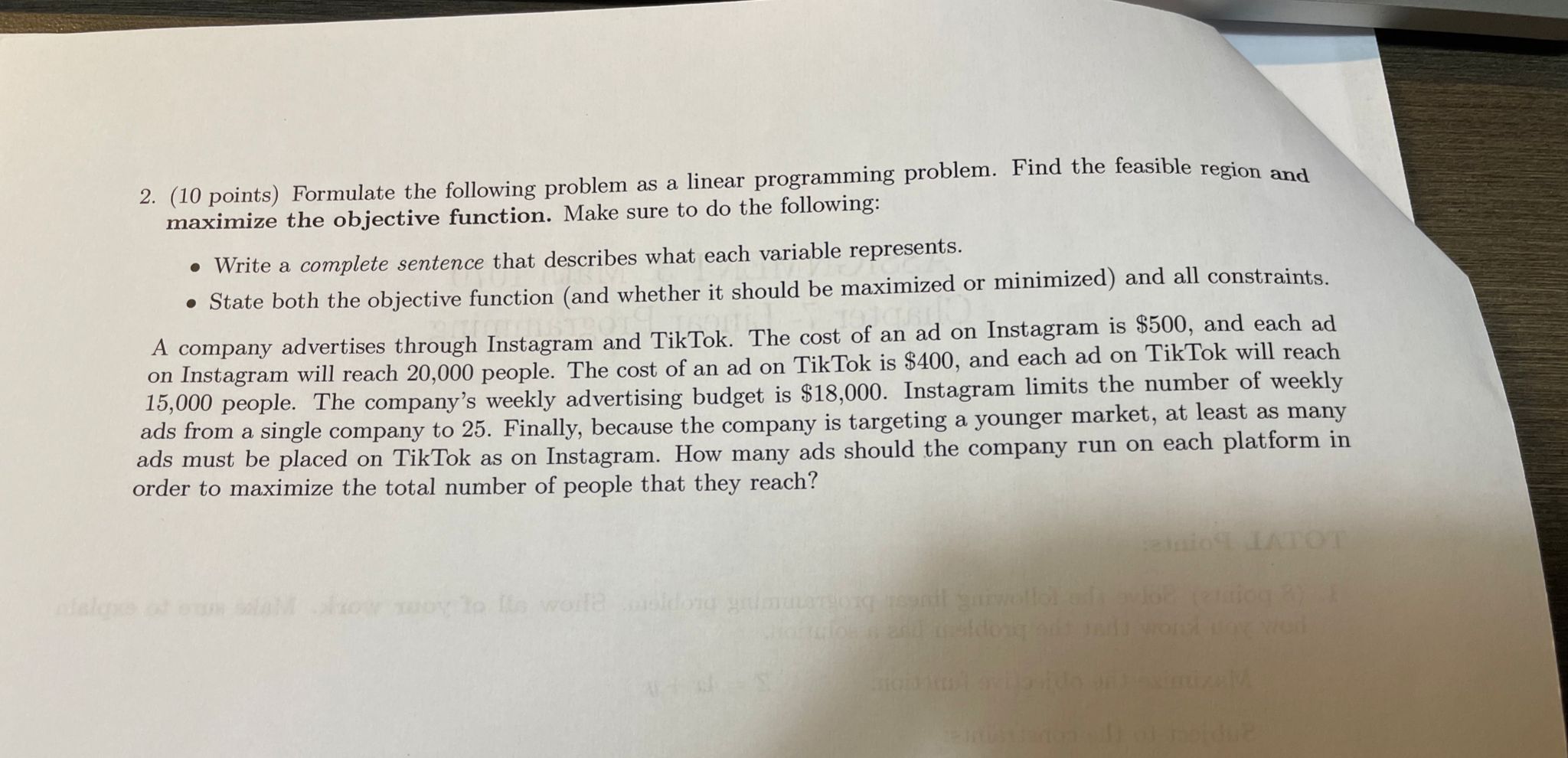 2. (10 points) Formulate the following problem as