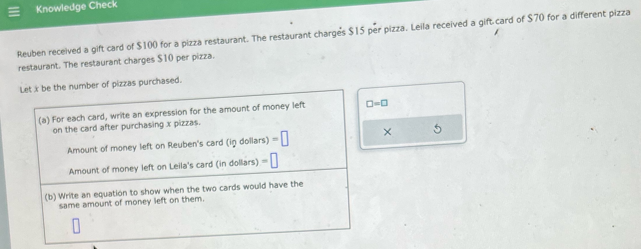 E Knowledge Check Reuben received a gift card of