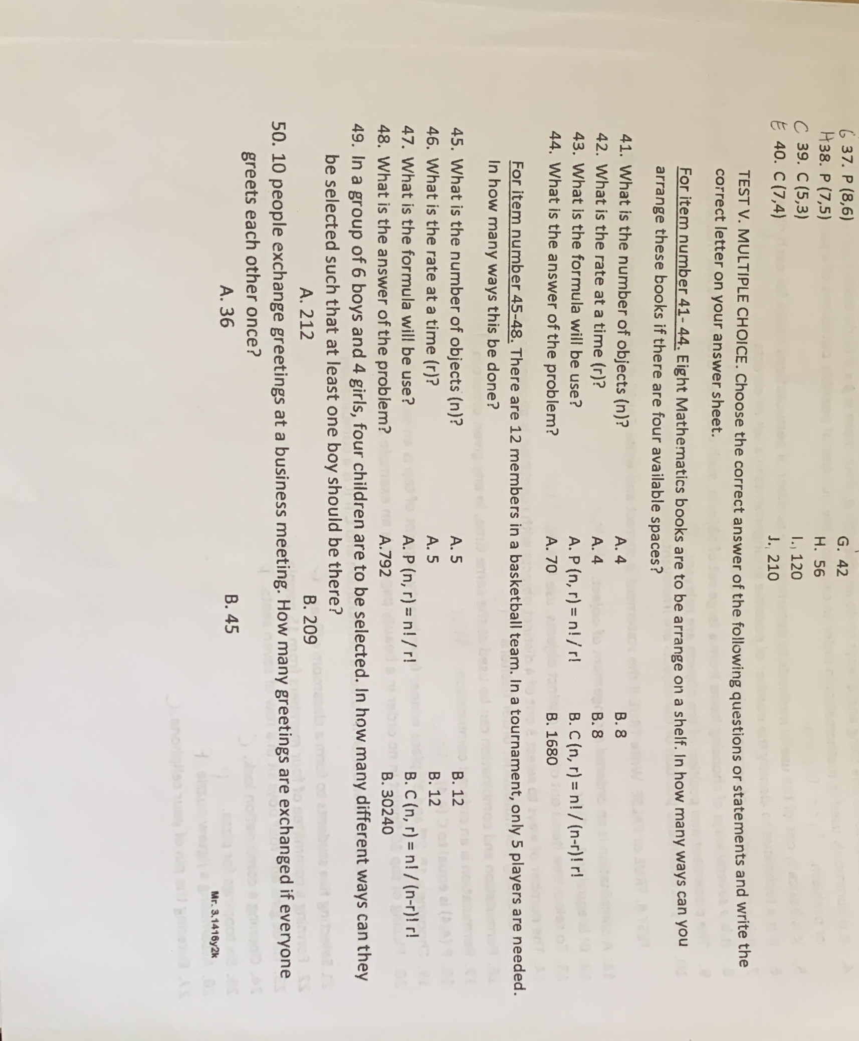 6 37. P (8, 6) G. 42 H 38 . P ( 7 , 5 ) H. 56 C