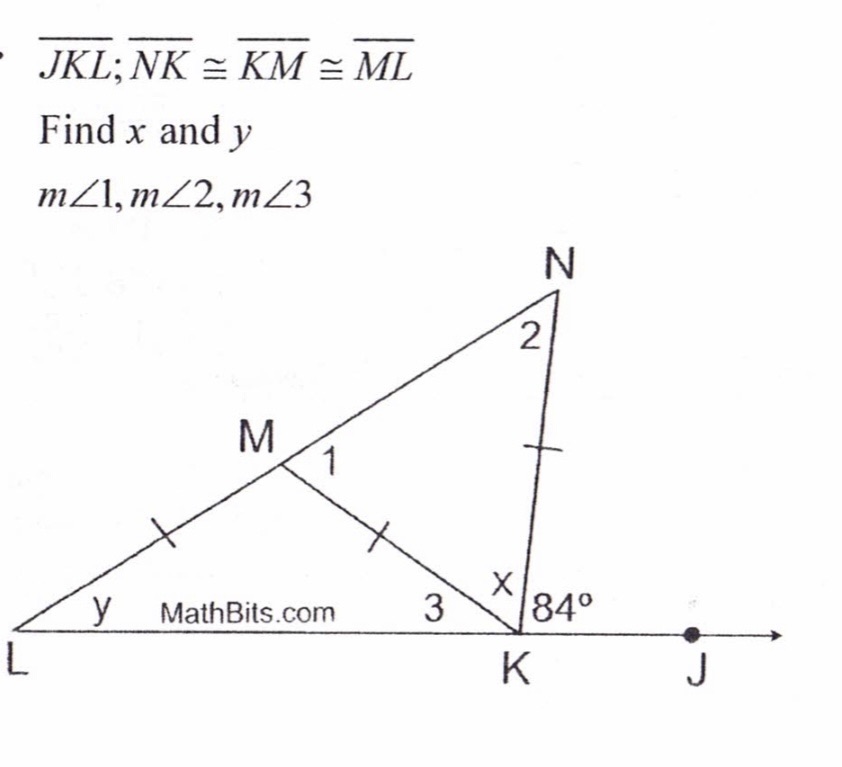 JKL; NK = KM = ML Find x and y mZI, mZ2, m43 N 2