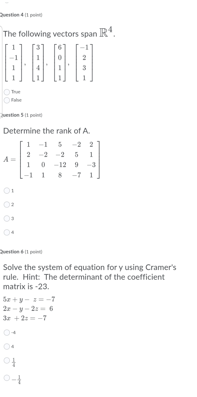 answer questions Question 4 (1 point) The