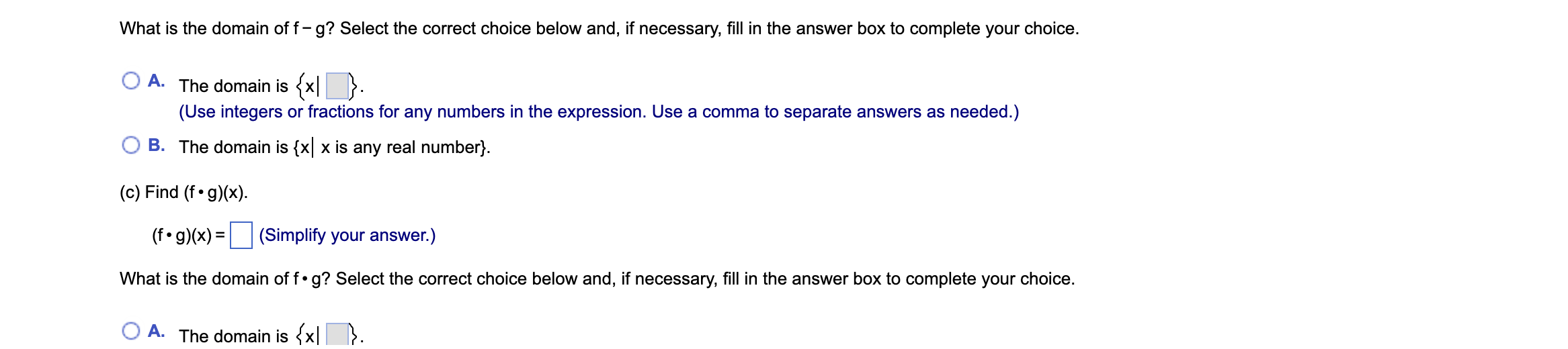 For the given functions f and g, complete parts