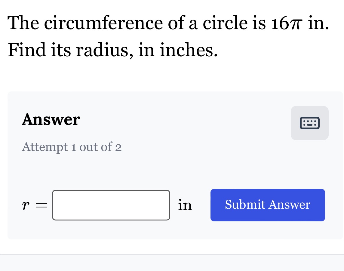 The circumference of a circle is 1671' in.