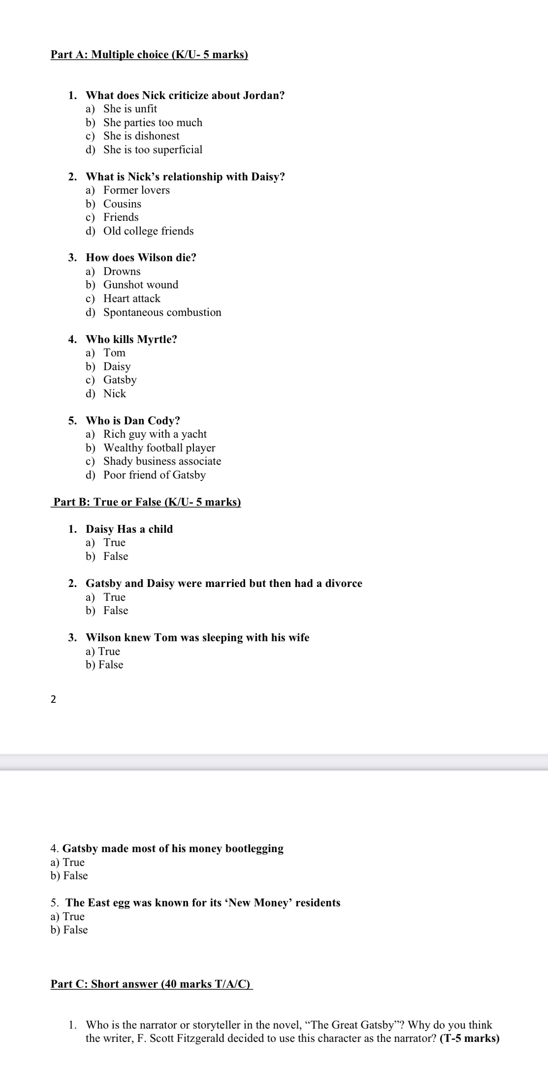 Use the great Gatsby to answer all of the qs Part