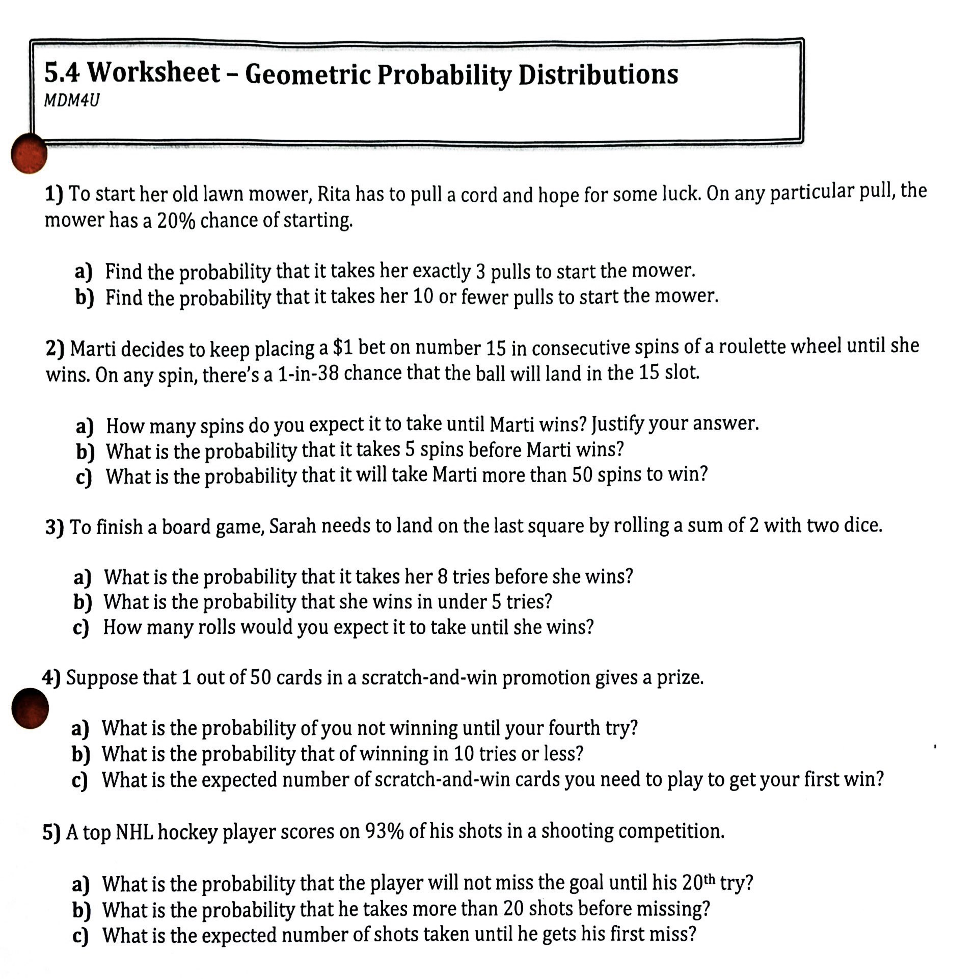 5.4 Worksheet - Geometric Probability