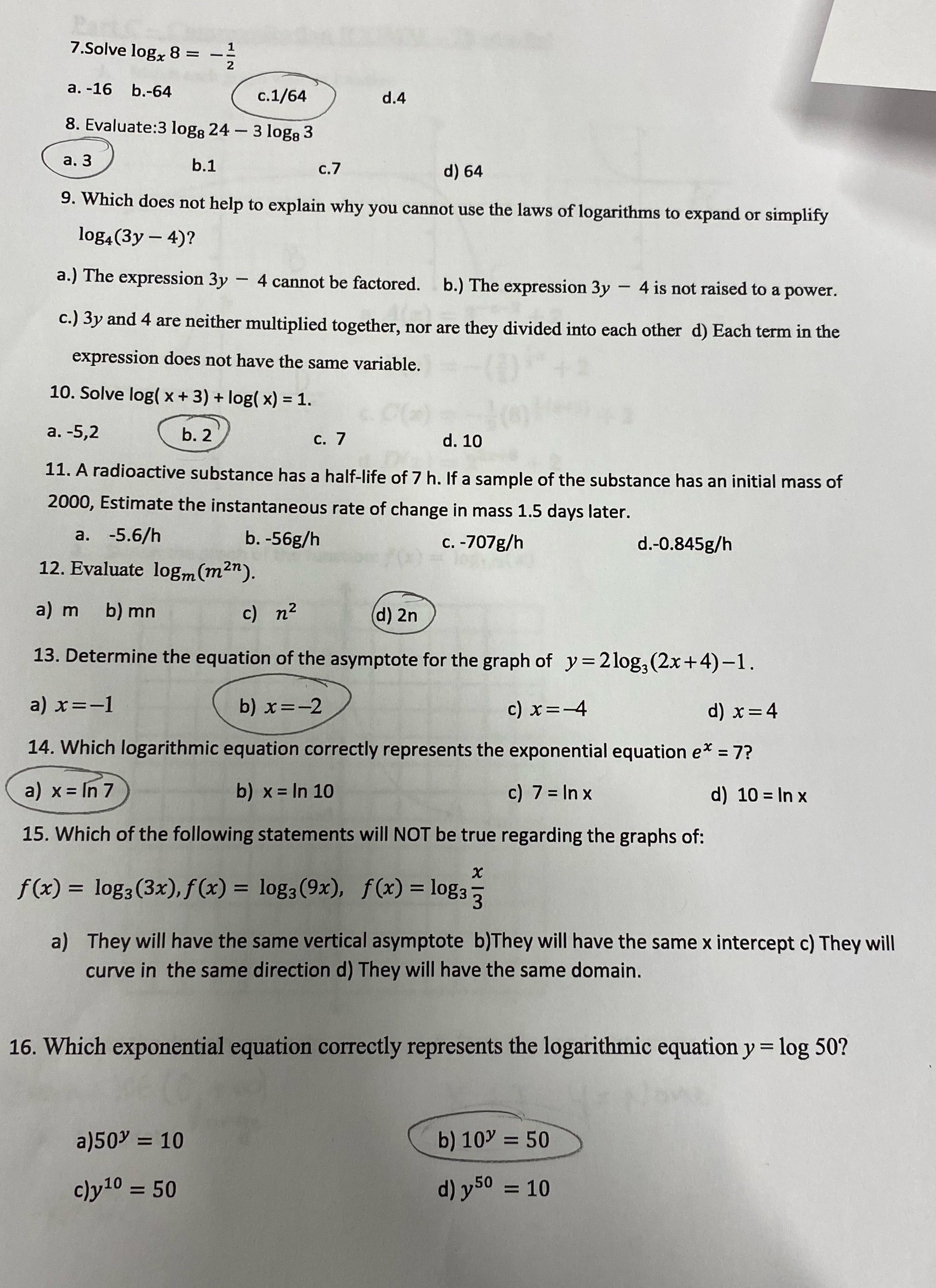 #9,11,15 7.Solve logx 8 = - NIN a. -16 b.-64