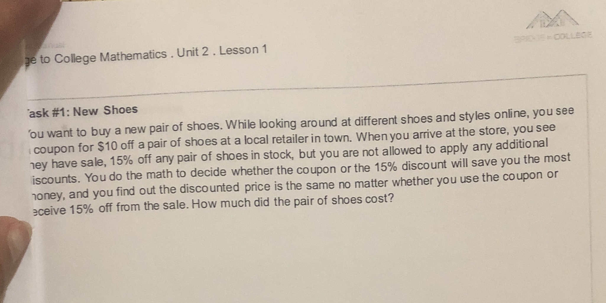 ge to College Mathematics . Unit 2 . Lesson 1