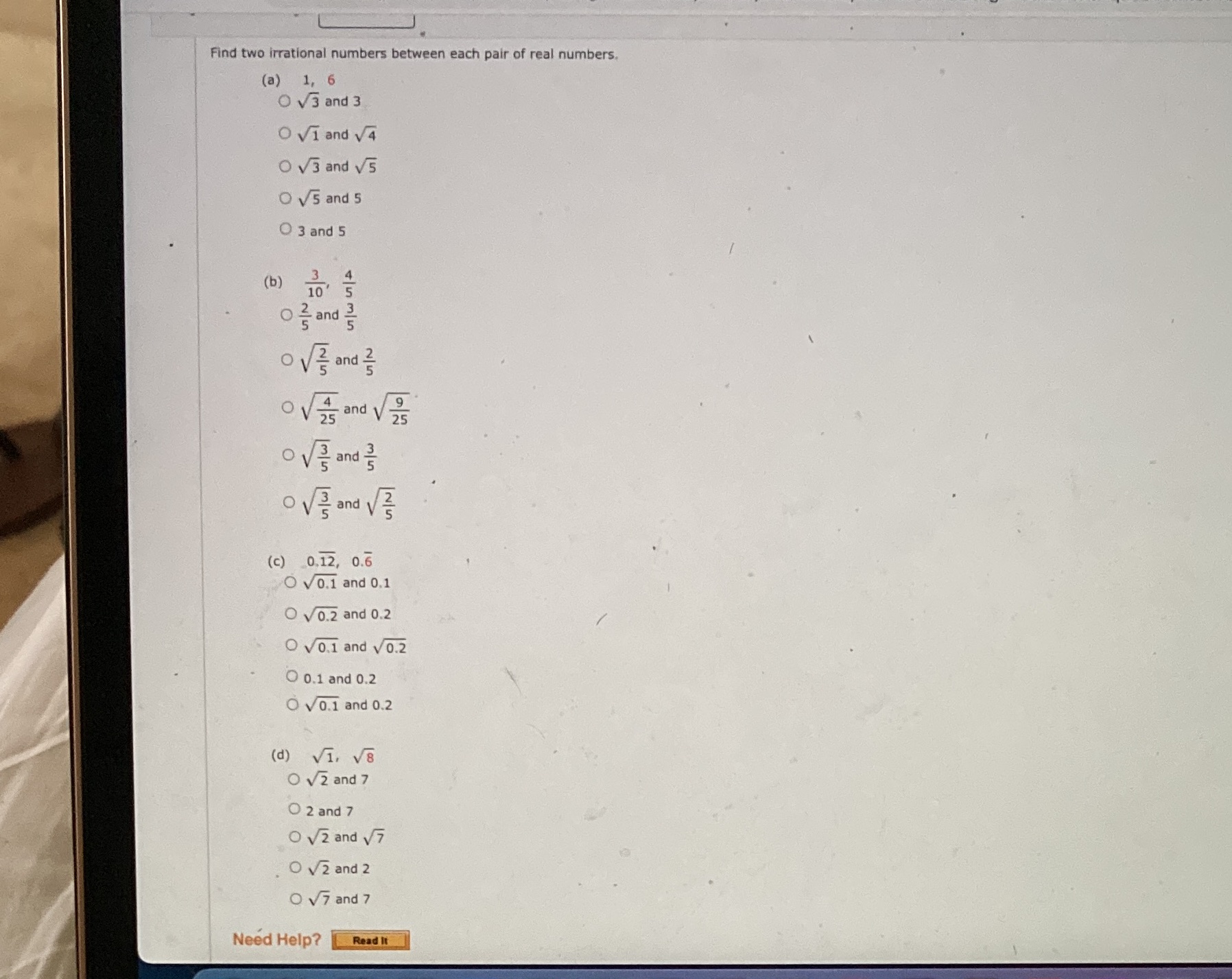 Find two irrational numbers between each pair of