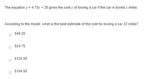 The equation y = 4.75x + 20 gives the cost y of